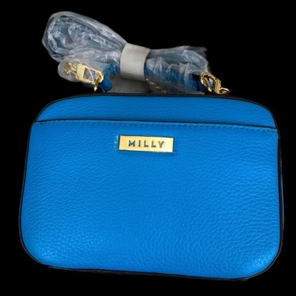 NWT Milly Bright Blue Gold Genuine Pebbled Leather Mini Satchel Purse Handbag - Picture 3 of 12